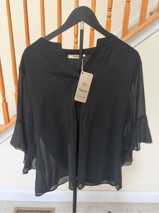 Timeson Tops - Timson Black Sheer Ruffle-Sleeve V-Neck Blouse